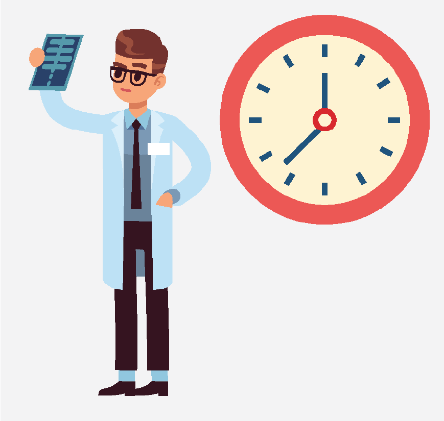 Graphic of a MRI Technologist looking at the results. There is a clock on the wall showing the passing of time.