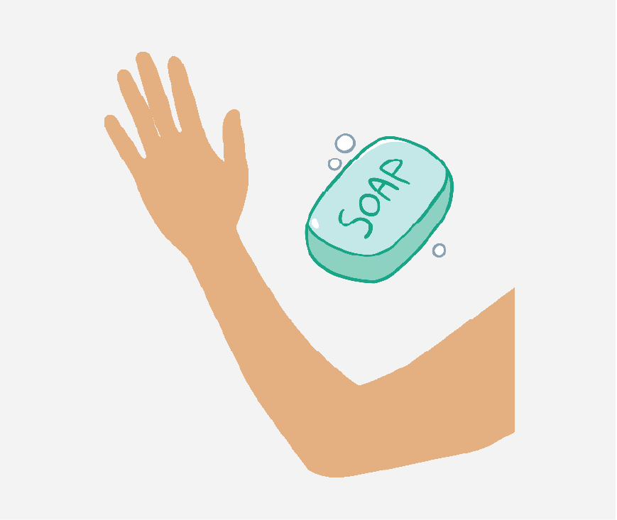 Graphic of an arm with no cast on it, it is being cleaned with soap.