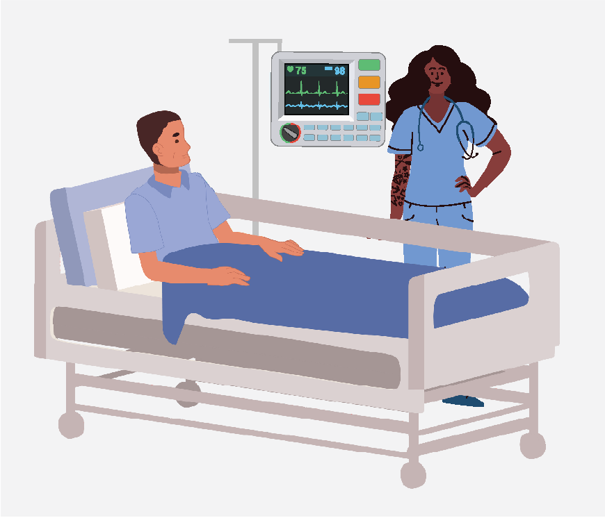 Graphic of a nurse helping the patient disconnect from the monitors, he is going home.