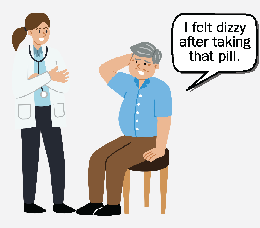 Graphic of a doctor talking to a patient about his medication, he is saying 