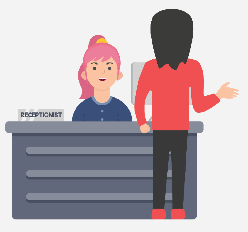 Graphic of a woman checking in at the front desk of a Doctor's office.