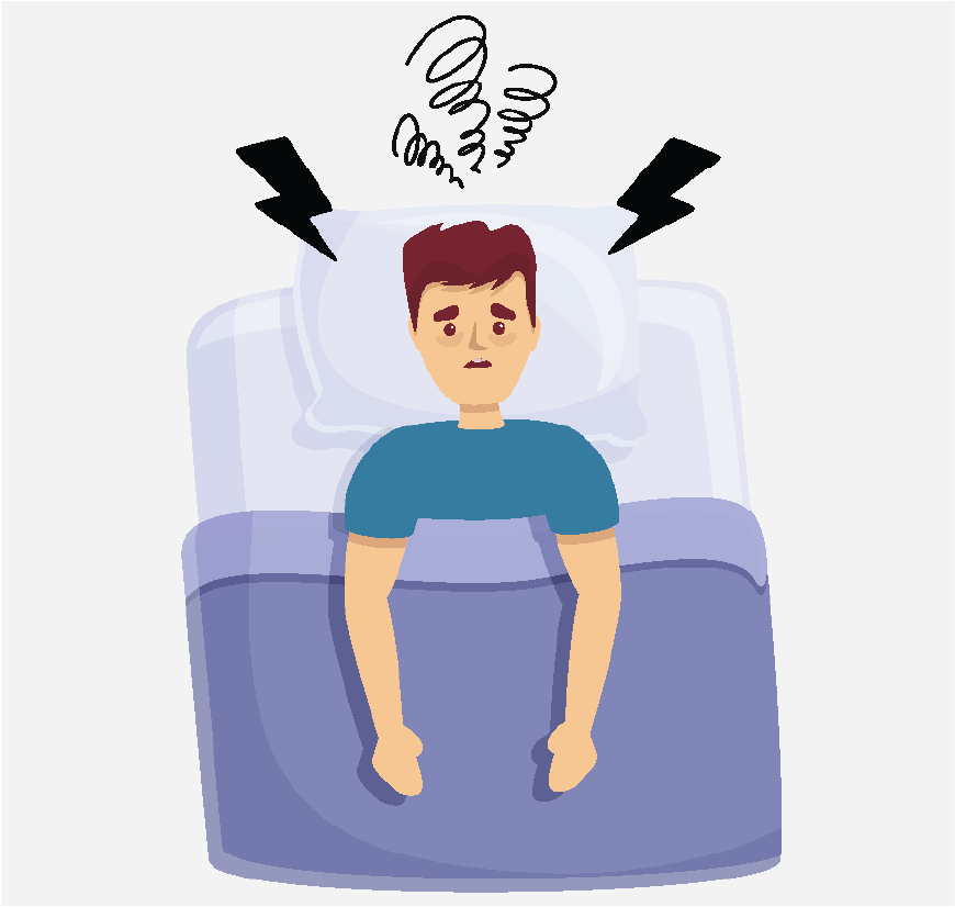 Graphic of a man laying in bed, he looks stressed out and tiered.