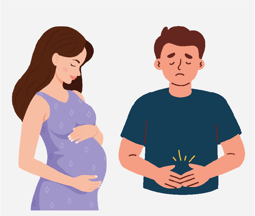 Graphic of a man and a woman who need an ultra sound. The man has pain in his belly and the woman is pregnant.