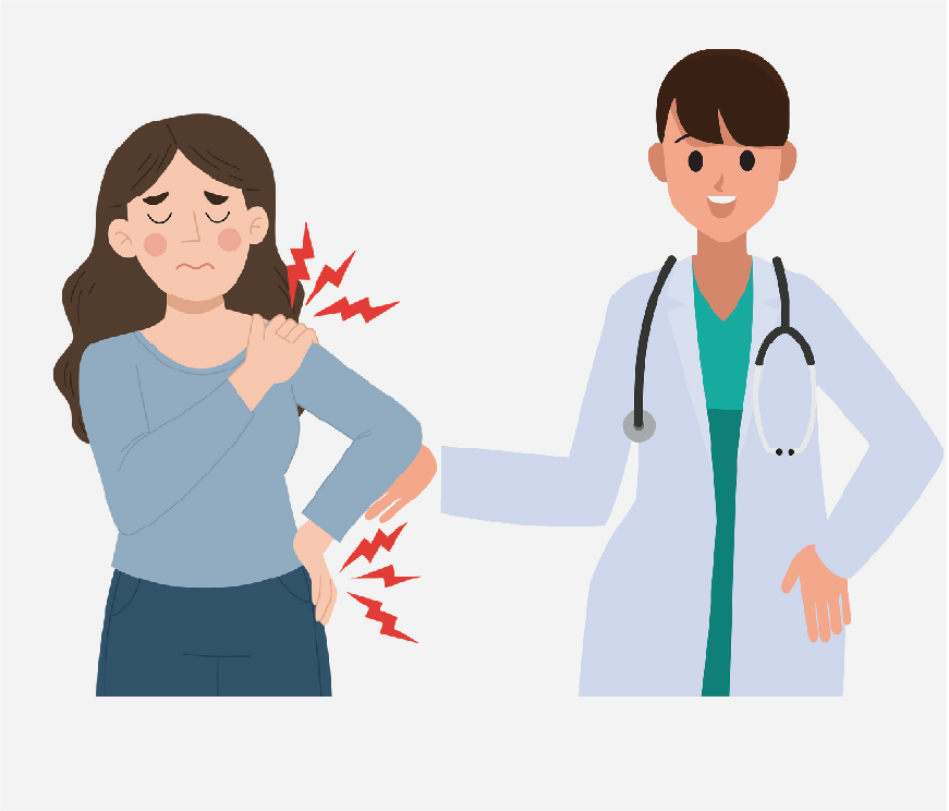 Graphic of a woman with pain in her shoulder, she is talking to a doctor about it.