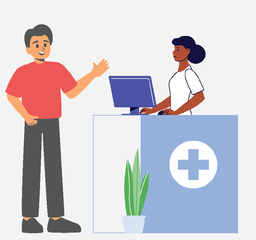 Graphic of a man checking in at a desk at the hosipital.