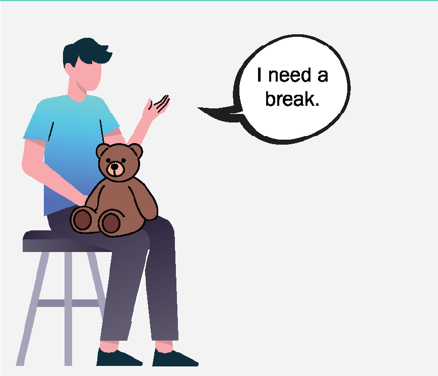 Graphic of a man sitting on a chair with a Teddy Bear on his lap, He is saying 