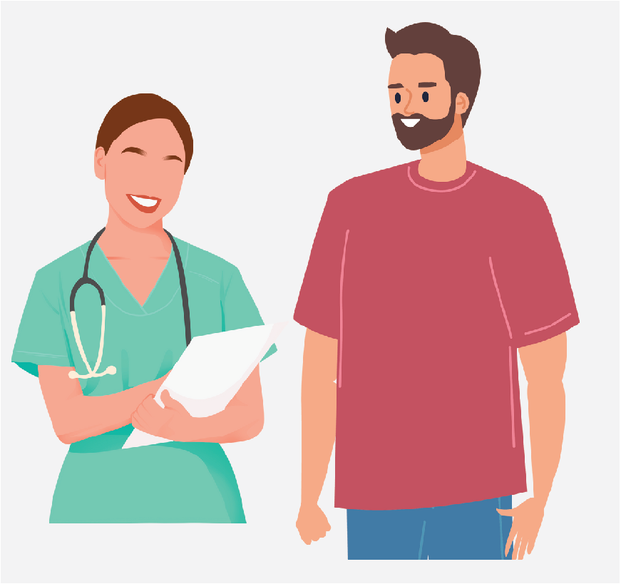 Graphic of a nurse walking a man back to a private room.