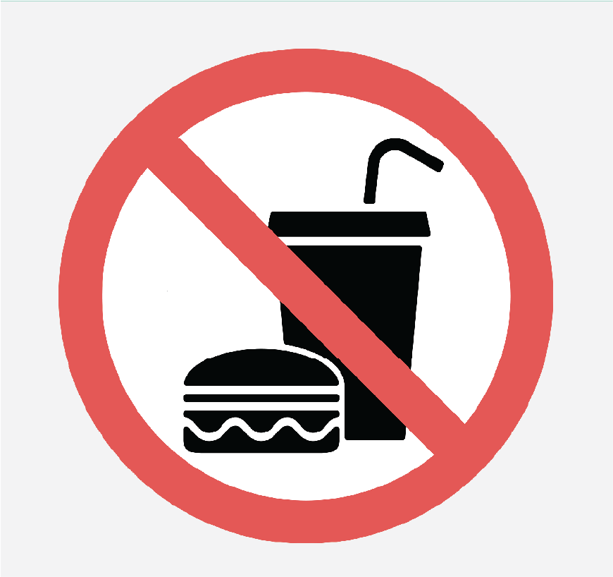 Graphic of a hamburger and soft drink with a slash through them. No Food.