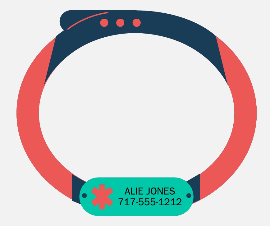 Graphic of a Medical Alert Bracelet with a person's name and a phone number on it.