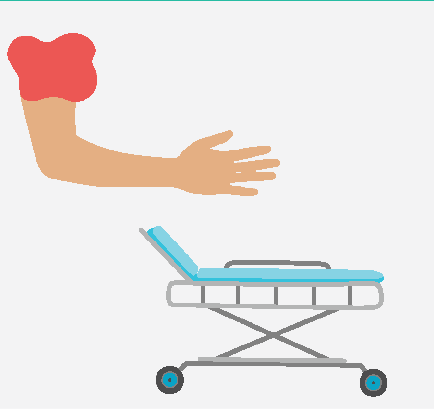 Graphic of an arm with its sleeve rolled up and a hospital gurney.