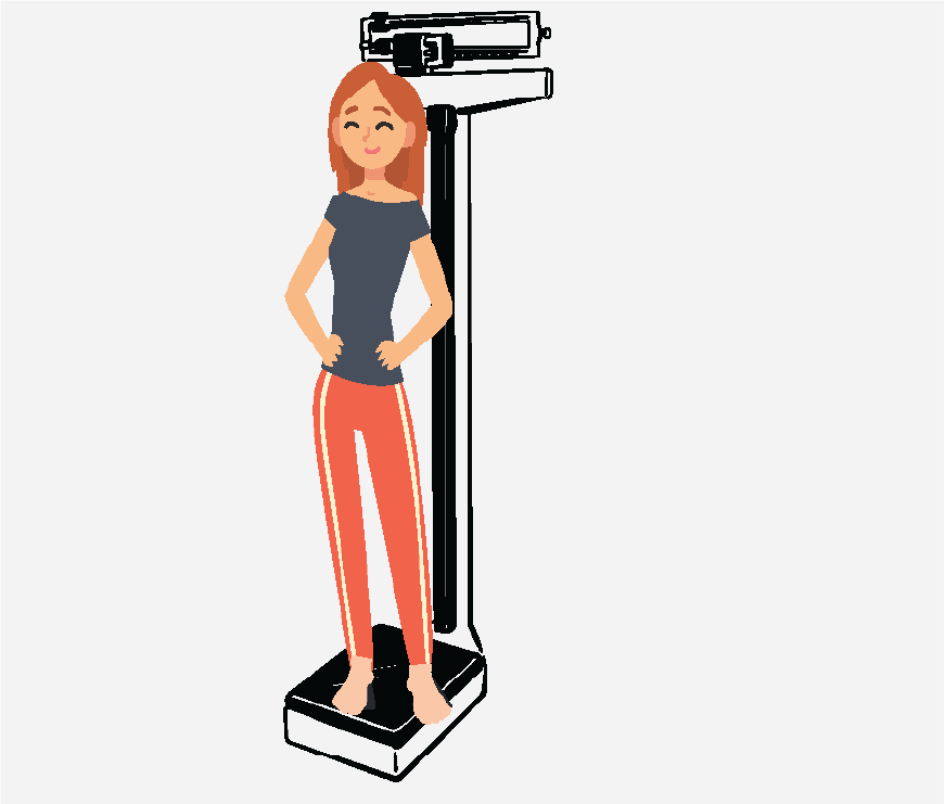 Graphic of a girl standing on a scale, she has her shoes off.