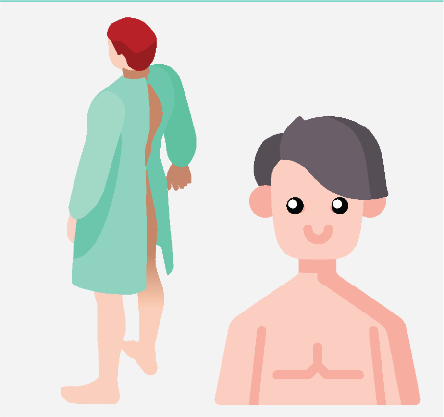 Graphic of a boy changing into a hospital gown in a private room.