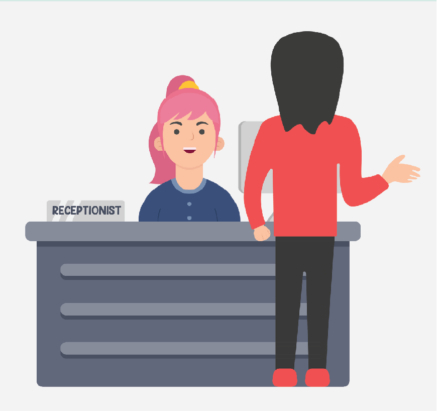 Graphic of a woman sitting at a reception desk. She is checking a patient in.