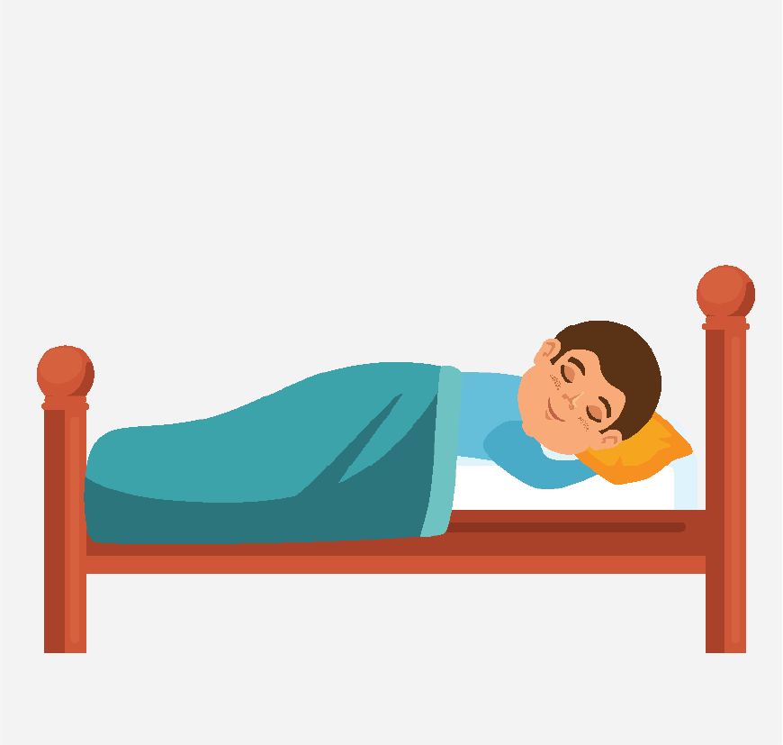 Graphic of a man sleeping in his bed, he is smiling.