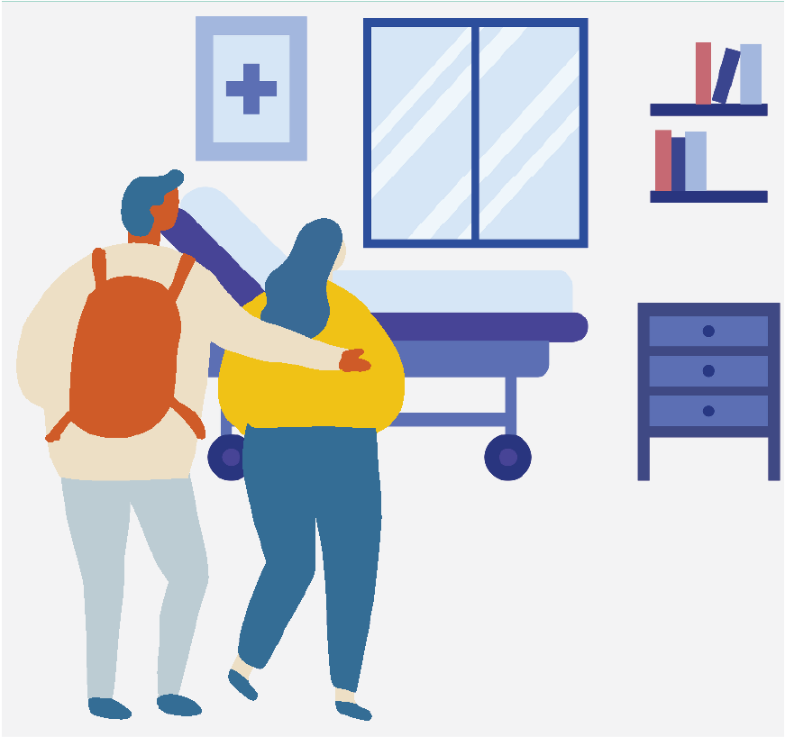 Graphic of a man and a woman walking into a hospital room, he has his arm around the woman.
