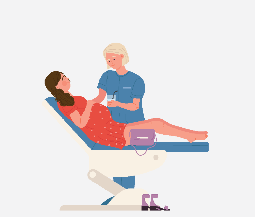 Graphic of a nurse helping a pregnant woman lie down on an exam table.