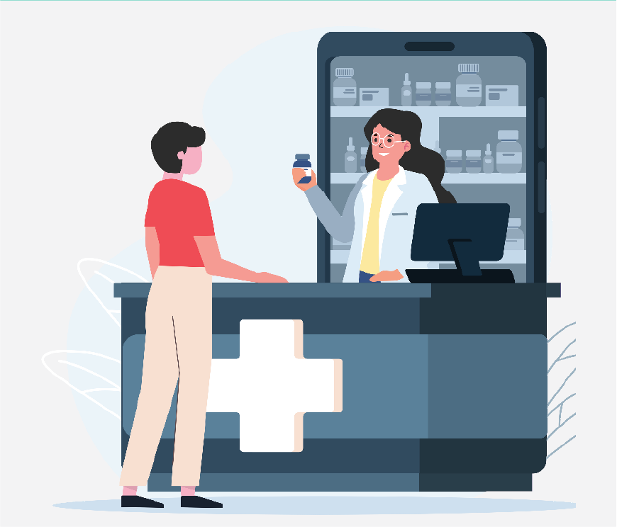 Graphic of a woman picking up her prescription from the pharmacist.