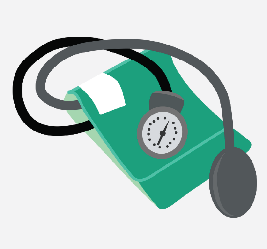 Graphic of a blood pressure monitor, it has an arm cuff, a pressure gauge and a inflator balloon.