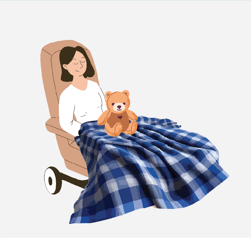 Graphic of a woman sitting in a comfortable chair, she has a blanket and a Teddy Bear.