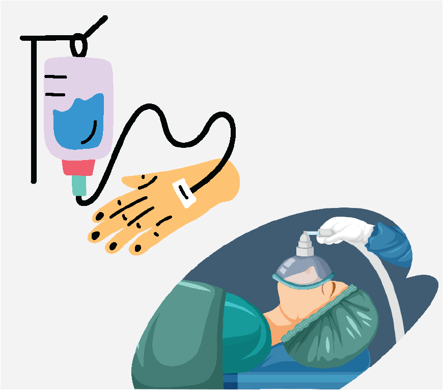 Graphic of a hand with an IV in it and a woman with a mask on, the mask is giving her medicine.