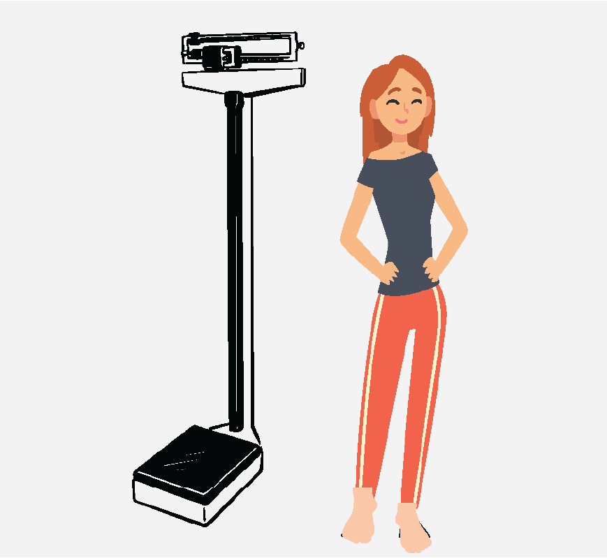 Graphic of a woman standing next to a scale, she is done with measuring her weight.