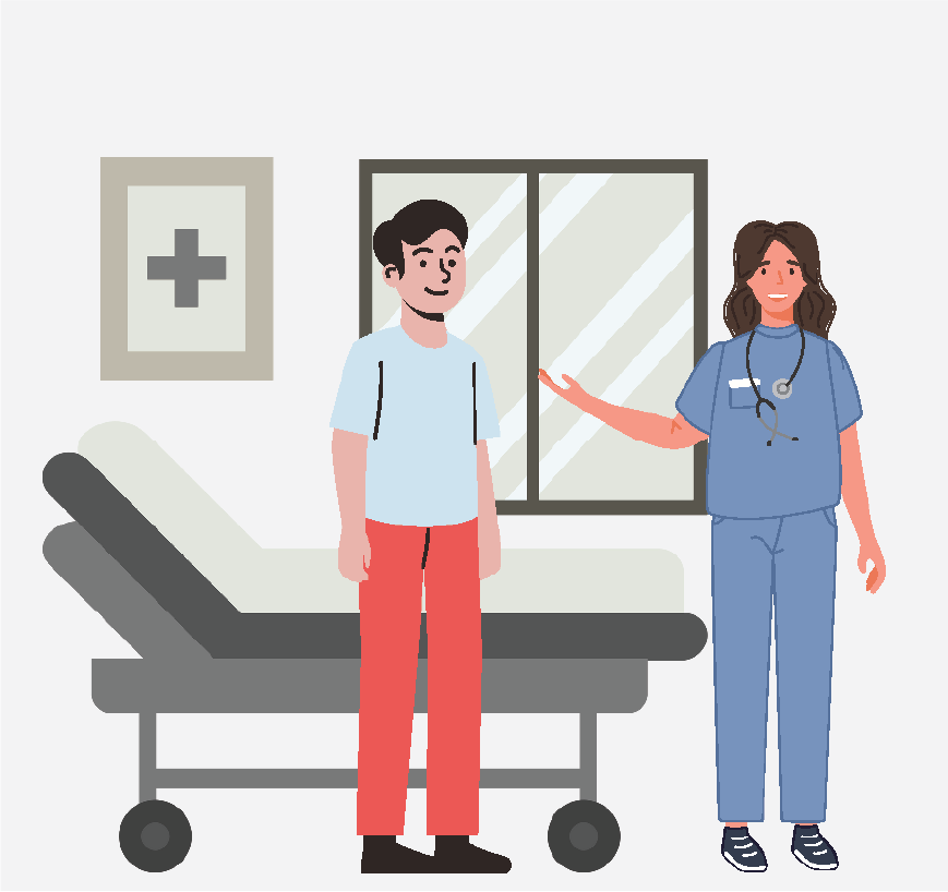 Graphic of a man being shown to a quiet room in the hospital by a nurse.