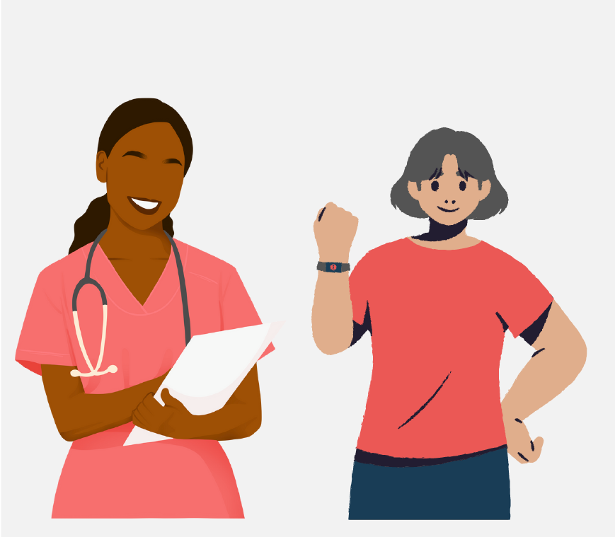 Graphic of a nurse talking to a patient with a medical alert bracelent.