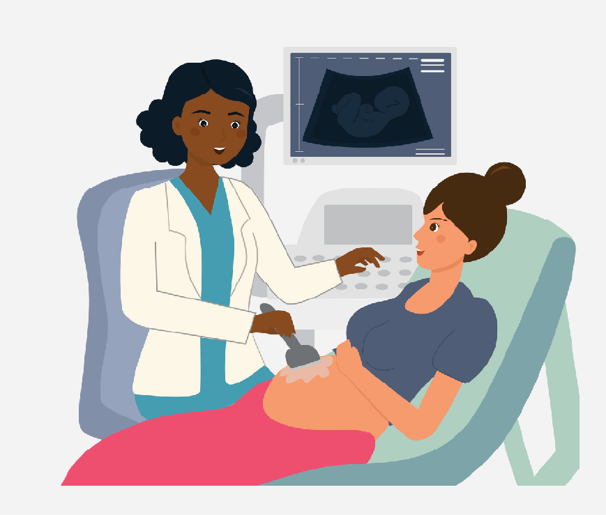 Graphic of an ultrasound technician examining a pregnant woman.
