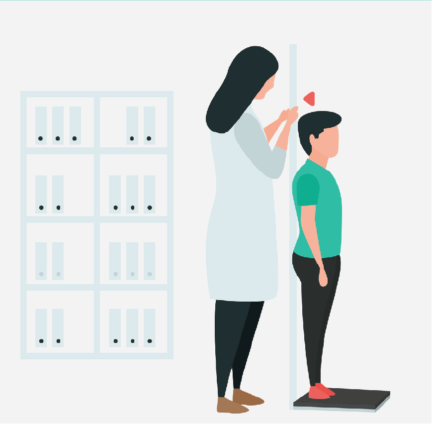 Graphic of a nurse measuring the height of a boy using a tape measure mounted on the wall.