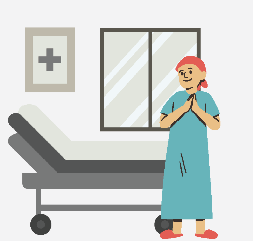 Graphic of a woman in a hospital room, she is wearing a hospital gown.