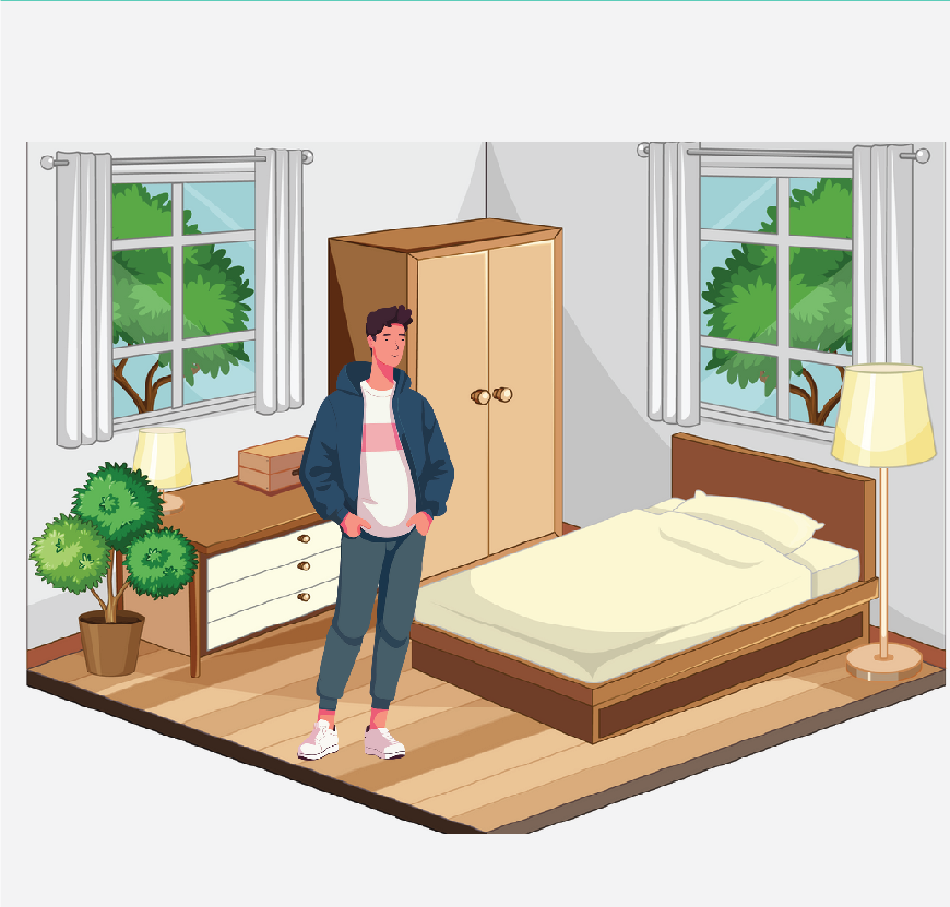 Graphic of a patient standing in a hospital bedroom. The bedroom looks like a normal bedroom at home.