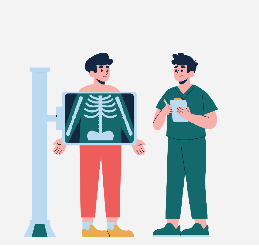 Graphic of a man getting an X-ray. he is talking to a nurse and we can see his bones in the machine.