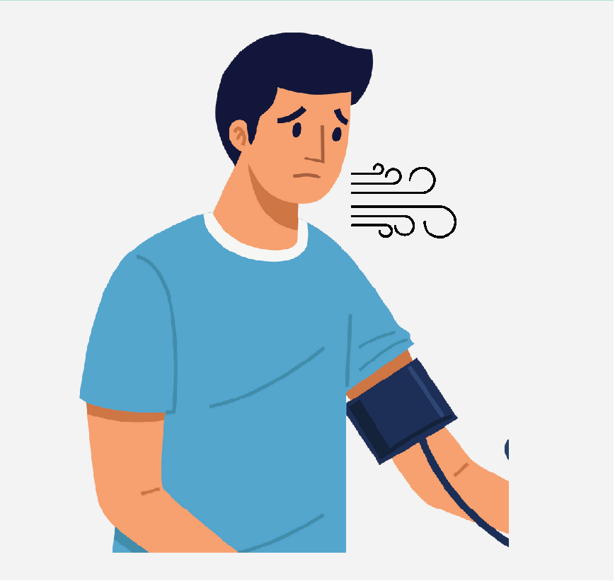 Graphic of a man with a worried look on his face, he is breathing deeply trying to relax.