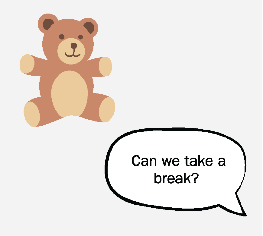 Graphic of a Teddy Bear and a text bubble that says 