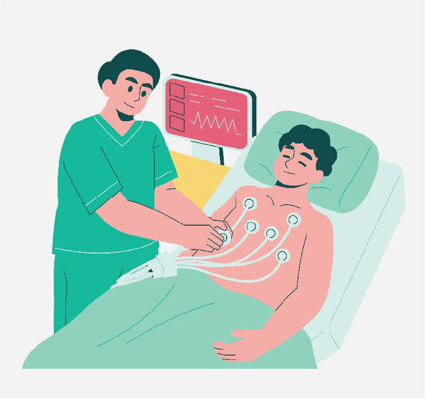 Graphic of a technician connecting the electrodes to the EKG machine.