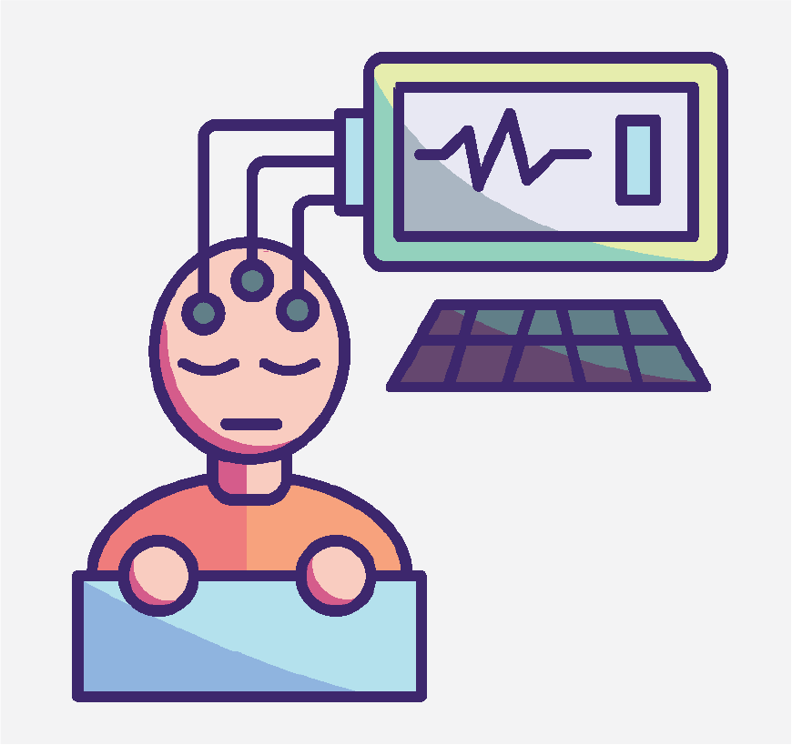 Graphic of a person with electrodes on their head, they are laying on a bed relaxing.