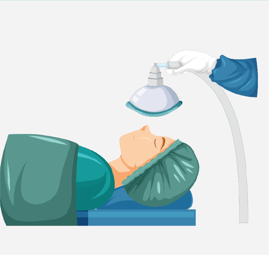 Graphic of a patient lying on the bed, a hand is placing a breathing mask on her face.