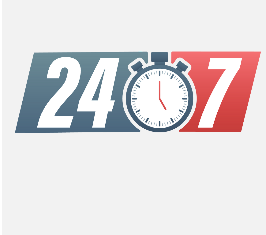 Graphic of a clock with the numbers 24/7 .