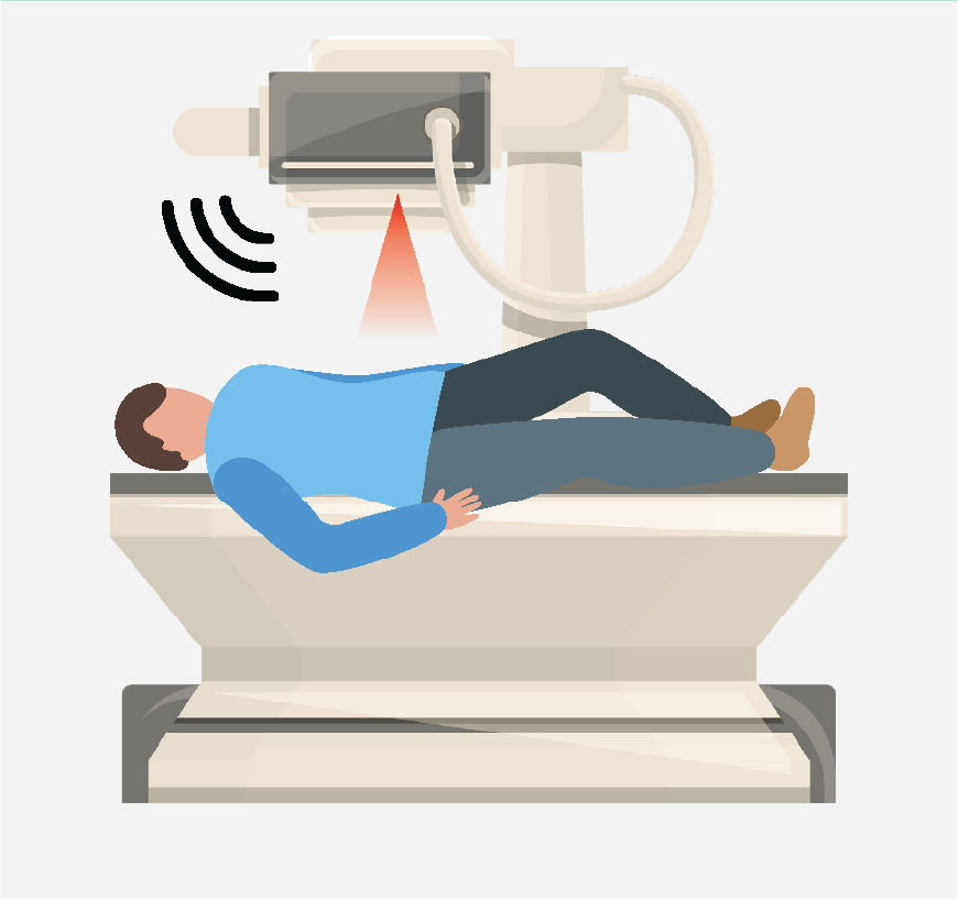 Graphic of a man lying on an X-ray machine, there are lights and sounds coming from the machine.