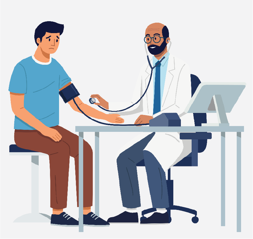 Graphic of a man having his blood pressure measured by a nurse, they are both sitting at a desk.
