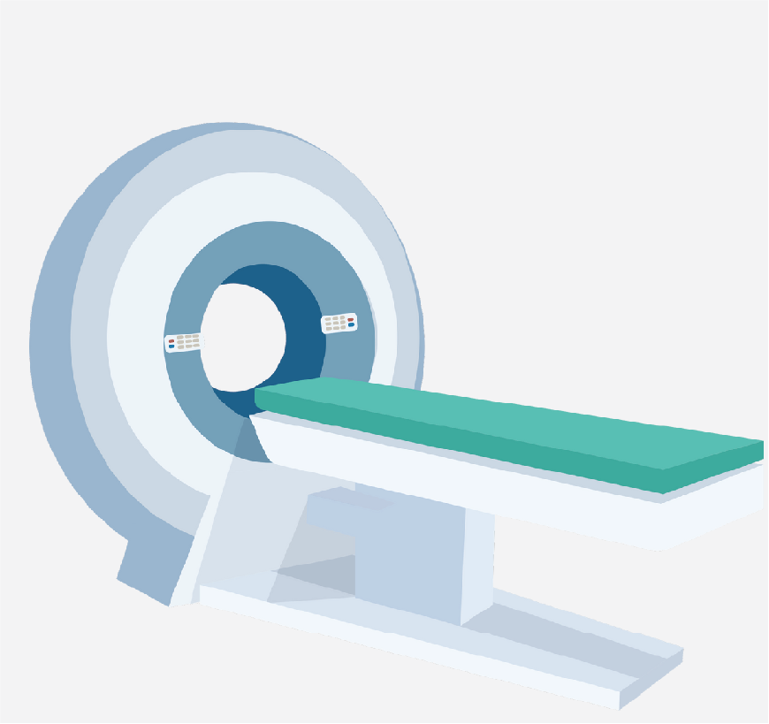 Graphic of an MRI machine, it has a large circle with a bed inside of it.