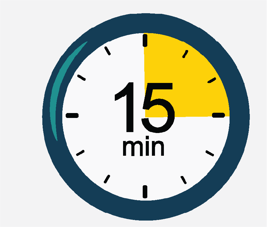 Graphic of a clock with 15 minutes on it.