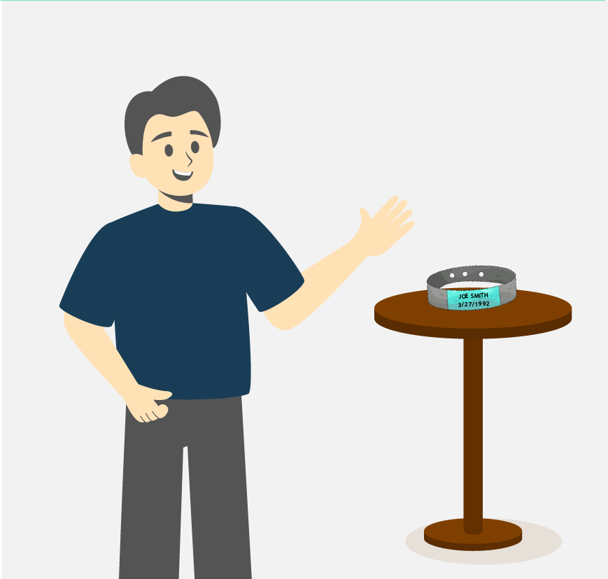Graphic of a man taking off his wristband, he does this when he leaves the hospital.