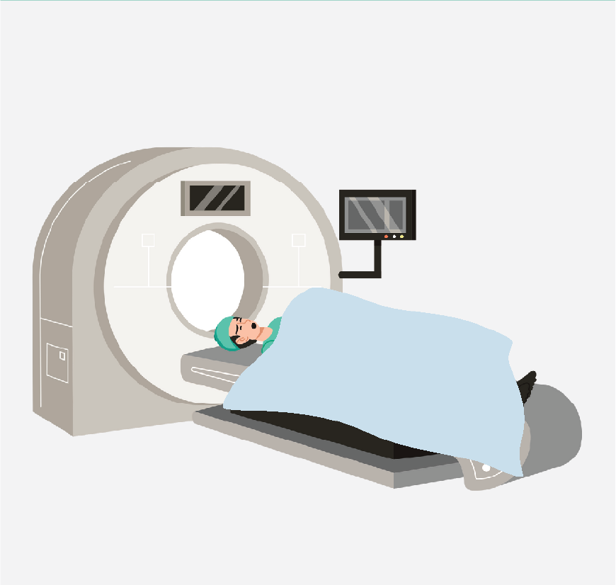 Graphic of a patient laying on the MRI bed, he has a blanket covering him.