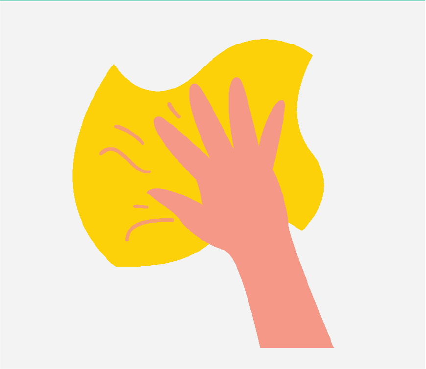 Graphic of a hand with a paper towel wiping off the ultrasound jelly.