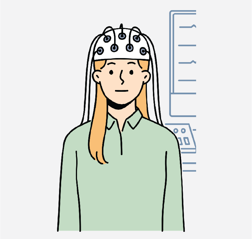 Graphic of a woman with a helmet on her head, the helmet has electrodes on it. She is standing very still.