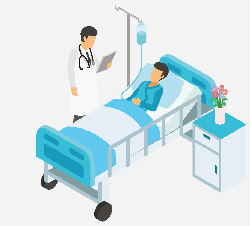 Graphic of a patient waking up in a recovery room, a doctor is checking on him.