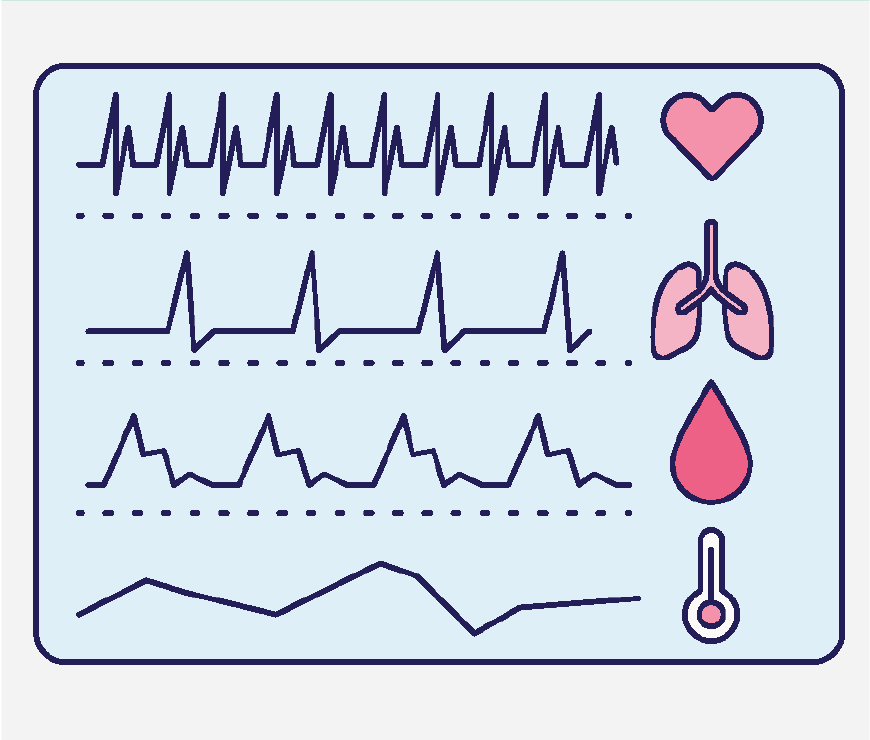 Graphic of a monitor display, there are results for heart rate, breathing rate, pulse ox and temperature.