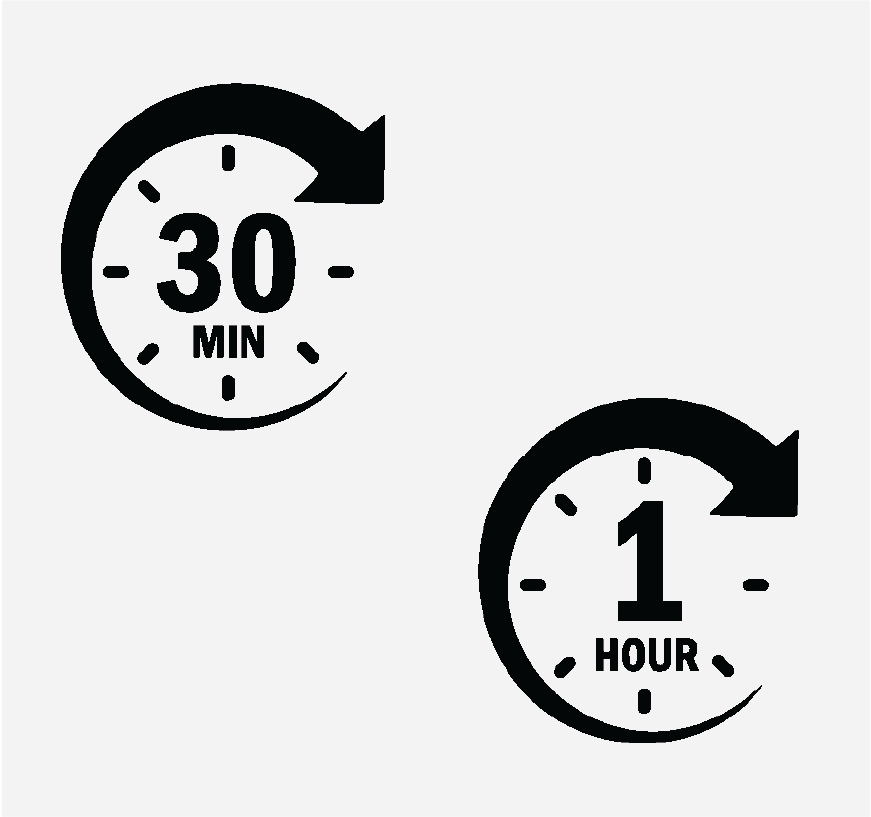 Graphic of two stopwatches, one shows 30 minutes and the other shows 1 hour.