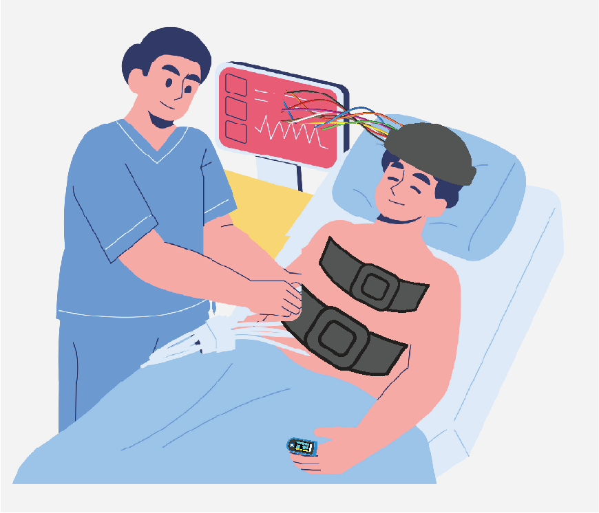 Graphic of a nurse placing two belts around a patient's waist, they are connected to a monitoring machine.